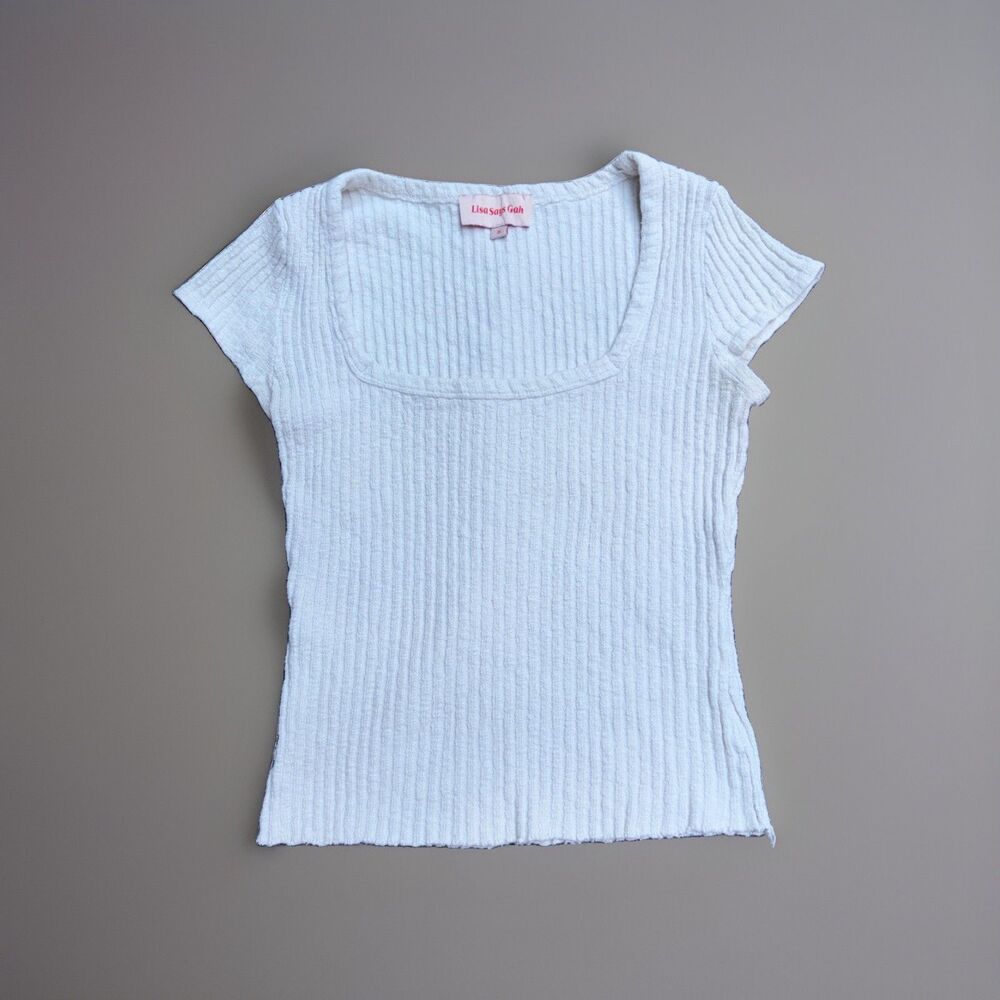 Lisa Says Gah Top Size Small Ivory Short Sleeve Ribbed Knit Stretch 36" Chest